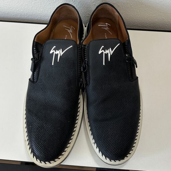 Giuseppe Zanotti Ron Costner Sneaker Black Leather Emboss Cream Side Zip 43 / 10 - Picture 1 of 16